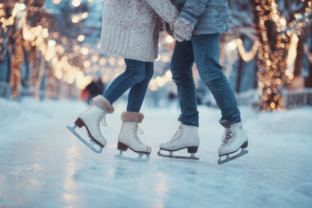 In a charming winter setting, a couple holds hands while ice skating on a rink decorated with sparkling lights. The atmosphere is joyful and romantic during the evening hours.の素材