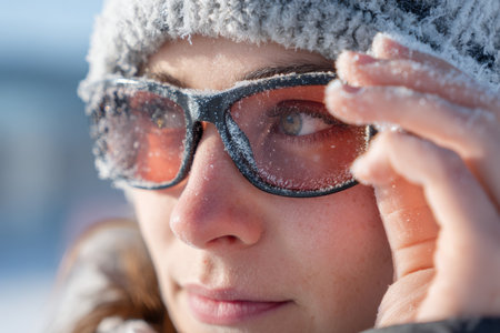 A woman is outside in a winter landscape, wearing glasses covered in snow. She adjusts her glasses while enjoying the clear sky and bright sunlight.の素材