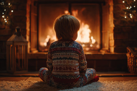 A young child in colorful pajamas sits on a soft rug, watching flames dance in the fireplace. The room is softly lit with holiday decorations, creating a warm atmosphere.の素材