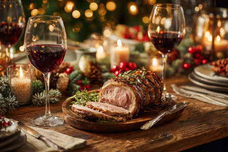 A beautifully arranged dinner table showcases a delicious roasted meat dish accompanied by red wine. The festive ambiance is enhanced by twinkling lights and candles, perfect for a celebration.の素材