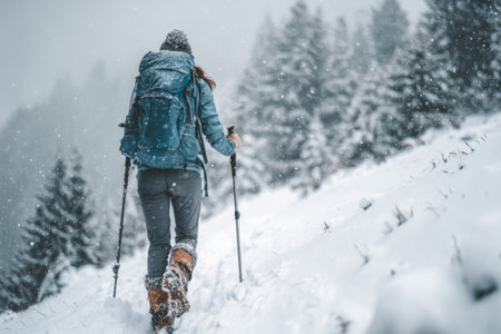 A person hikes up a snowy trail in the mountains while snow falls softly around them. The hiker is dressed warmly, carrying a backpack and using trekking poles.の素材