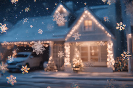 Snowflakes gently fall over a charming house adorned with twinkling lights during the winter evening. The warm glow creates a festive atmosphere, illuminating the surroundings.の素材