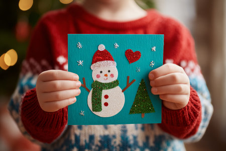 A young child shows a colorful greeting card with a snowman, a heart, and a Christmas tree. The setting is cozy with holiday lights in the background. The child is dressed warmly in a festive sweater.の素材