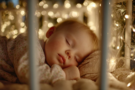 A peaceful baby sleeps softly on a plush blanket, nestled among twinkling lights in a cozy room at night. The delicate atmosphere creates a sense of tranquility and warmth.の素材
