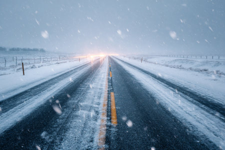 A long road disappears into the distance, blanketed in fresh snow. Flakes fall steadily, creating a serene yet cold atmosphere in the late afternoon.の素材