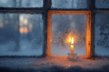 A single candle glows warmly on a frosty window sill. Ice crystals form on the glass, capturing the fading light of dusk. The scene feels peaceful and cozy, evoking winters chill.の素材