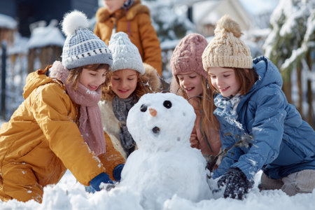 Five children are joyfully working together to create a snowman in a snowy outdoor setting. They wear warm clothing and display big smiles as they shape the snow.の素材