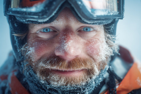 A skier with icy facial features and bright blue eyes smiles happily while surrounded by a snowy landscape. His gear shows signs of the harsh cold.の素材