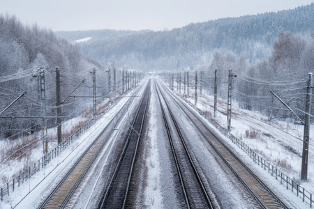 Tracks wind through a snowy terrain surrounded by trees under a gray sky. The winter scene captures the quiet beauty of a remote railway in the midst of snow.の素材