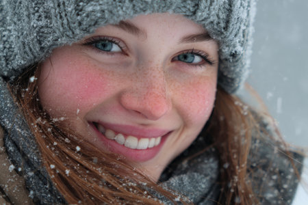A young woman with a warm hat and scarf smiles brightly as snowflakes gently fall around her. Her joyful expression reflects the beauty of a winter day in a snowy landscape.の素材