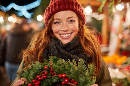 A woman with red hair smiles brightly while holding a beautiful wreath adorned with red berries. Holiday lights twinkle in the background, creating a joyful atmosphere.の素材