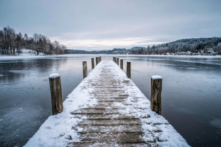 A wooden pier is covered in snow and leads into a still frozen lake. Surrounding trees and distant hills create a peaceful winter scene under a cloudy sky.の素材