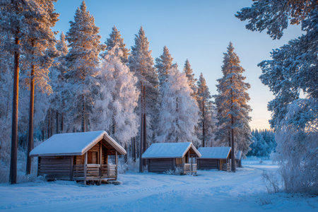 Three cozy cottages sit peacefully in a snowy forest during dawn, surrounded by tall pine trees. The soft light creates a calm and serene atmosphere in the winter landscape.の素材