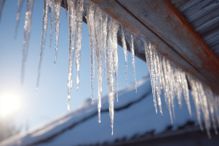 Long, clear icicles dangle from the edge of a wooden roof, catching the sunlight in a bright winter scene. Snow covers the ground, creating a serene atmosphere.の素材