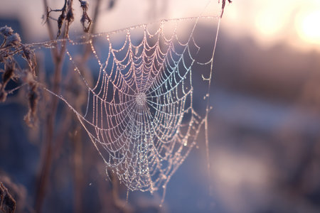 A delicate spider web adorned with dew drops catches the soft morning light. The scene captures the beauty of nature on a cool autumn day. The web is set against a misty background.の素材