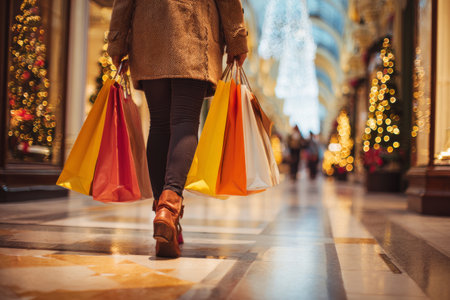 A person walks through a mall carrying multiple colorful shopping bags. The surroundings are decorated with holiday lights and festive ornaments, creating a cheerful atmosphere.の素材