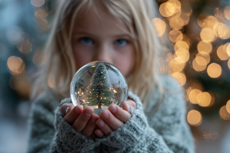 A young child stands indoors holding a snow globe containing a small Christmas tree. The background features glowing lights, creating a warm holiday atmosphere.の素材
