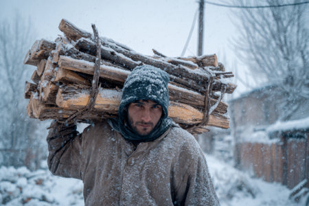 Snowflakes fall relentlessly as a determined man walks through a snowy landscape, balancing a heavy load of firewood on his shoulder in a rural setting.の素材