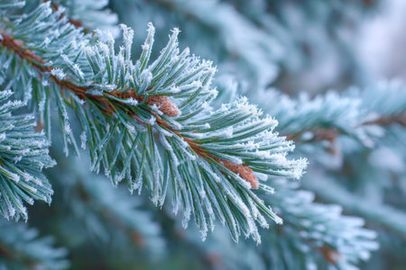 Frozen droplets cling to a pine branch in a winter landscape. The delicate frost creates a serene scene, highlighting the charm of the cold season.の素材