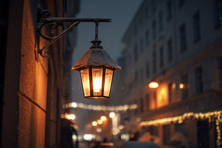 A warm lantern hangs on a buildings wall, casting light on a snowy street. Soft snowfall adds to the winter atmosphere, while festive lights twinkle nearby, creating a charming scene.の素材