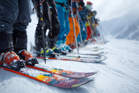 A group of skiers stands at the edge of a slope, ready to descend. They are dressed in colorful winter gear, surrounded by snowy mountains under a cloudy sky.の素材