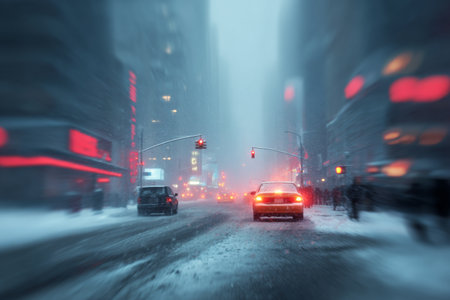 A heavy snowstorm covers the city streets at night. Cars struggle to navigate through the thick snow while traffic lights glow brightly in the hazy, wintry atmosphere.の素材