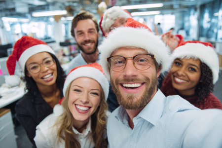 Friends gather in an office decorated for Christmas, wearing red Santa hats. They smile for a group selfie, showcasing the joy of the holiday season together.の素材
