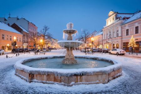 A fountain surrounded by snow creates a picturesque winter setting in a town square during twilight. Warm lights illuminate the charming architecture and festive atmosphere.の素材