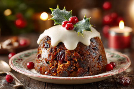 A rich, dark holiday pudding sits on a decorative plate, topped with white icing and holly leaves. Surrounding it are candles and festive decorations, creating a cozy atmosphere.の素材