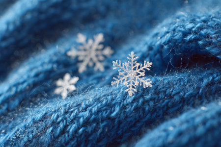 Soft blue knitted fabric features delicate snowflakes scattered across its surface, capturing the essence of winter and cozy warmth.の素材