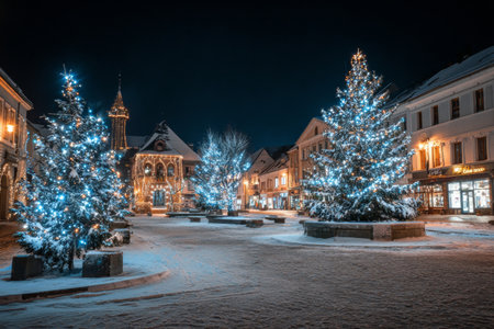 Sparkling blue lights adorn snow-covered trees in a charming town square. The buildings around glow warmly, creating a festive atmosphere on a winter evening.の素材
