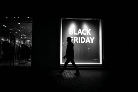 A silhouette of a person walks by a brightly lit store window showing a Black Friday sign. The scene captures the evening atmosphere of urban shopping.の素材