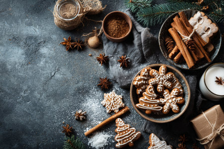 A cozy holiday scene features gingerbread cookies shaped like trees and snowflakes, cinnamon sticks, and festive decorations. Spices and a candle add warmth to the setting.の素材