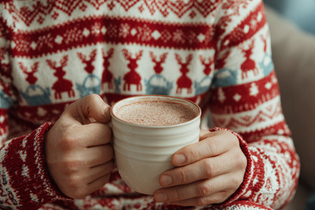 A person sits indoors, dressed in a cozy red and white sweater with reindeer patterns, holding a steaming cup of hot chocolate. Warm ambiance suggests winter and comfort.の素材