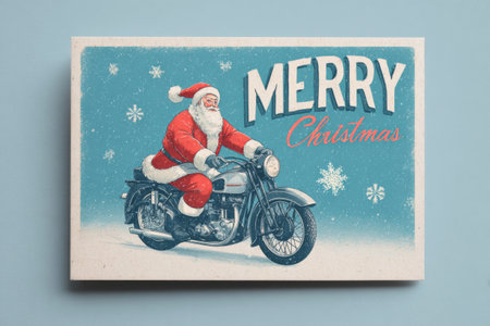A cheerful Santa Claus wearing a red suit and hat rides a vintage motorcycle across a snowy blue background. Snowflakes gently fall as he shares a Merry Christmas greeting.の素材