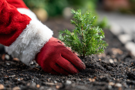 Wearing red gloves and a Santa costume, a person plants a small tree into the earth. The scene captures the essence of giving back to nature during the festive season.の素材