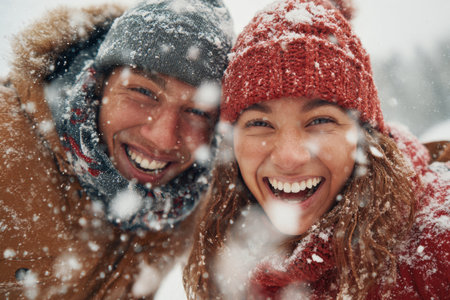 Two joyful individuals smile brightly as they enjoy a snowy day outdoors. Flakes fall gently around them, creating a festive winter scene filled with laughter.の素材