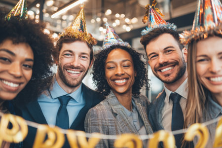 Friends gather together to celebrate the New Year, wearing colorful party hats and smiling happily. The atmosphere is joyful with bright decorations and twinkling lights.の素材