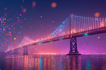 Bright lights illuminate a bridge over calm water at night. Colorful spots add a festive touch to the scene, creating a magical atmosphere against the city skyline.の素材