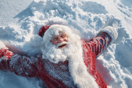 A joyful figure in a red costume is lying in soft snow, making snow angels while smiling widely. The scene is bright and filled with winter cheer, showcasing a snowy day.の素材