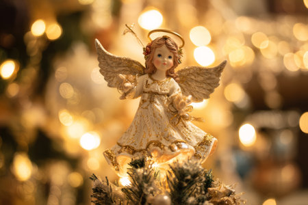 A charming angel figurine stands on a Christmas tree, glowing softly amid a backdrop of warm, golden lights, signaling the joy of the holiday season.の素材