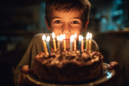 A young boy joyfully holds a chocolate birthday cake topped with lit candles. The warm indoor lighting adds to the festive atmosphere, creating a heartwarming moment of celebration.の素材