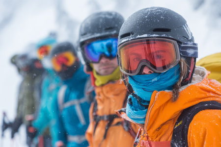 Skiers stand together in the snow, fully equipped with helmets and goggles. They wear bright winter jackets, showcasing safety gear against cold weather. Snowflakes fall gently around them.の素材