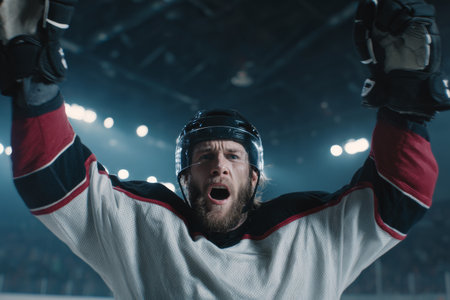 A hockey player wearing a white jersey celebrates a goal with enthusiasm in an indoor arena. The crowd cheers as lights shine bright above the ice rink during a heated match.の素材