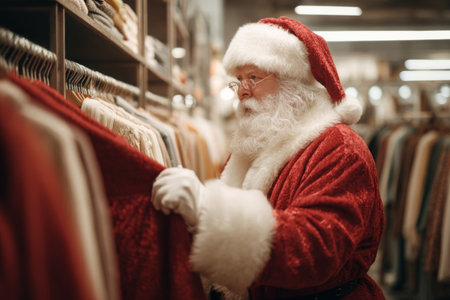 A man dressed as Santa examines a selection of warm sweaters surrounded by colorful clothing in a lively store, capturing the spirit of holiday shopping in December.の素材