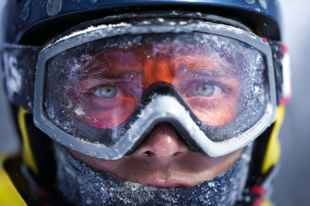 A skier stands determined in cold weather, with frost on their goggles and an intense gaze. Thick snow surrounds them as they prepare for their next descent.の素材