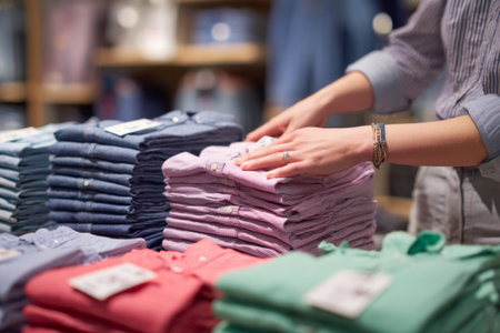 A person organizes neatly stacked shirts in various colors at a retail clothing store. The store is filled with other clothing displays and a busy atmosphere can be sensed.の素材