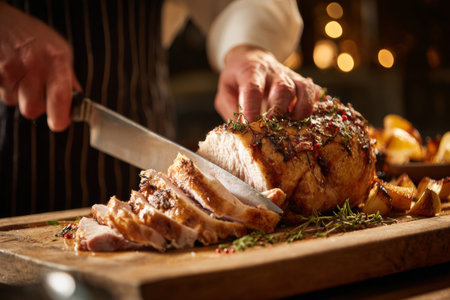 A skilled chef slices a beautifully roasted piece of meat on a wooden cutting board. The background features warm lighting and festive decorations, creating an inviting atmosphere.の素材
