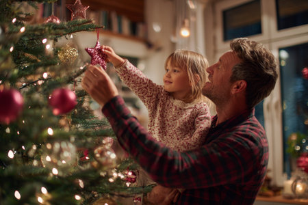 A man and a young girl joyfully place ornaments on a Christmas tree in a cozy living room. Soft lights and decorations create a festive atmosphere, filling the space with holiday cheer.の素材