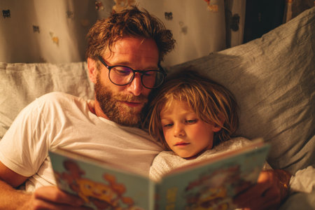 A father and his young child are cuddling in bed while reading a colorful storybook together. The room has a warm and inviting atmosphere, perfect for bedtime.の素材